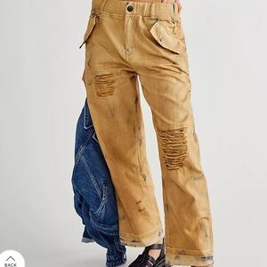 Free People Distressed Wide-Leg Carpenter Pants in Tan with Paint Splotches